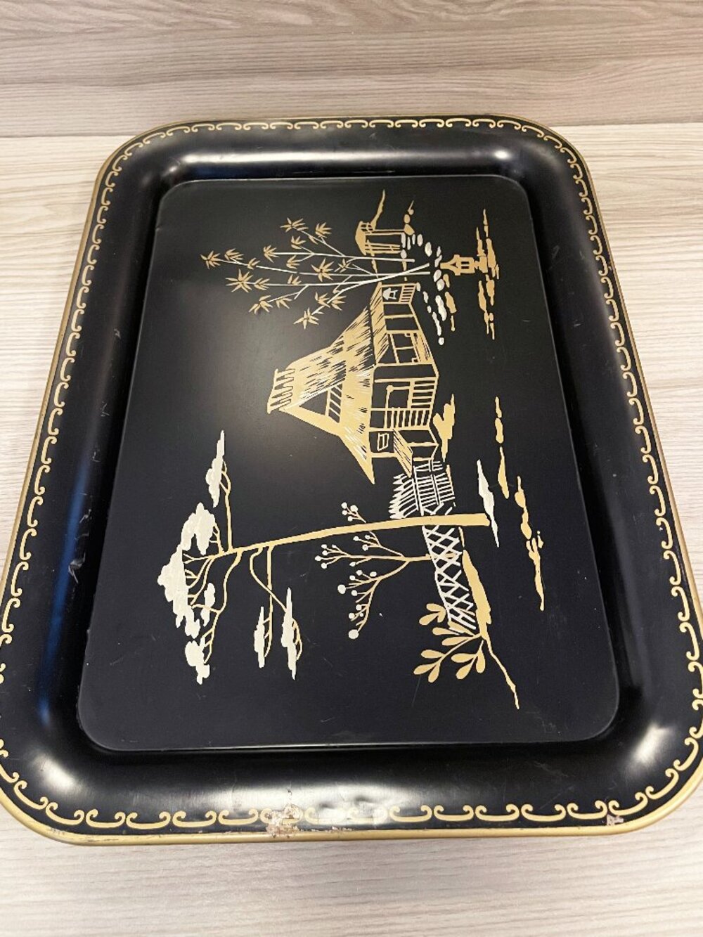 Vintage Ellsworth Co-op Creamery Metal Tray Black Gold Asian Scene